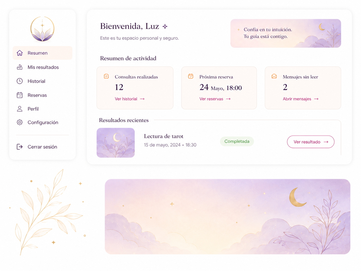 Vista previa de Mi Espacio con resumen de actividad, resultados recientes y navegación privada